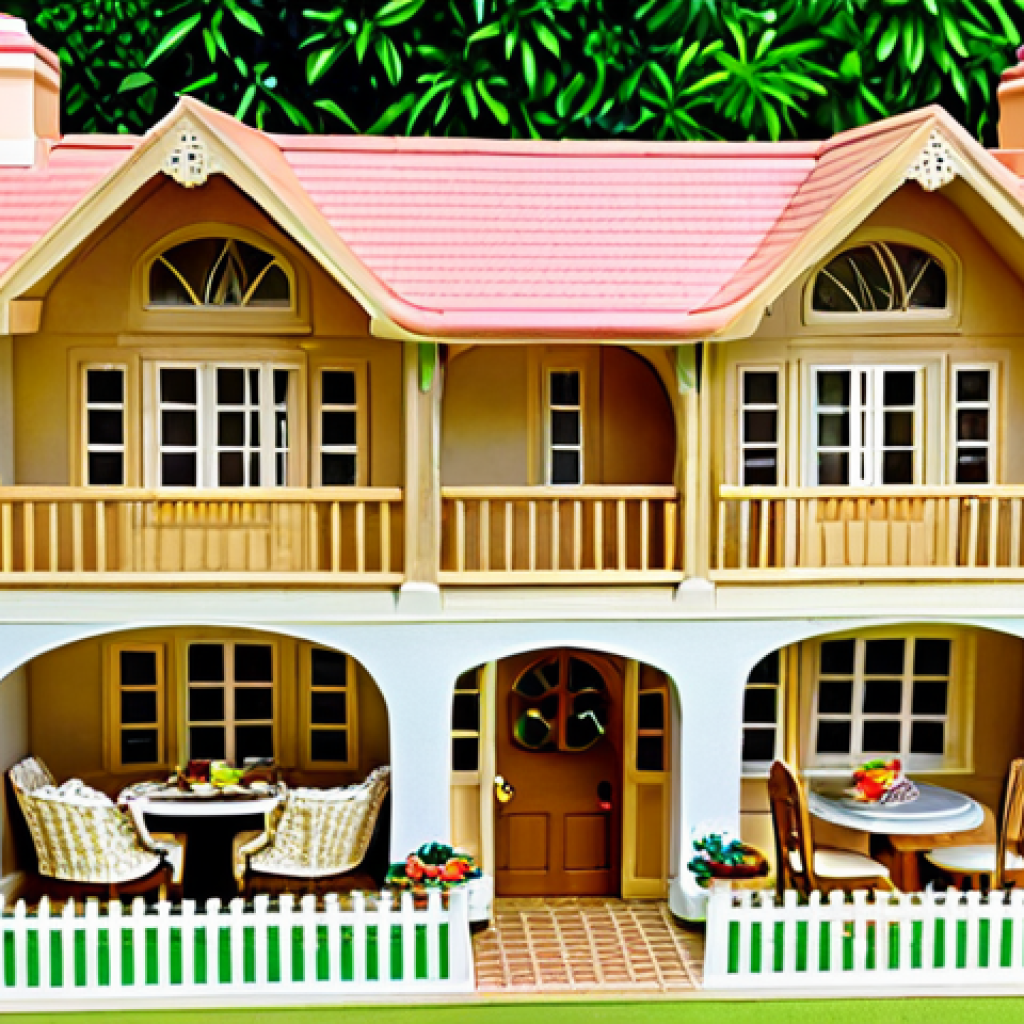 Sylvanian Families Dream House**

"A beautifully detailed Sylvanian Families Dream House, viewed from a slightly elevated angle, showcasing its interior rooms. The house is fully furnished with miniature furniture, including a kitchen, living room, and bedrooms. Sylvanian Families figures, fully clothed in modest outfits, are interacting inside. The background features a lush green garden with colorful flowers. Perfect anatomy, correct proportions, well-formed hands. Safe for work, appropriate content, family-friendly, professional image, fully clothed."

**