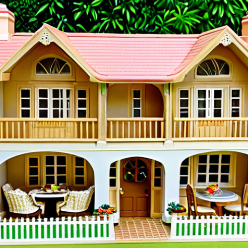 Home 4 Sylvanian Families Dream House**
"A beautifully detailed Sylvanian Families Dream House, viewed from a slightly elevated angle, showcasing its interior rooms. The house is fully furnished with miniature furniture, including a kitchen, living room, and bedrooms. Sylvanian Families figures, fully clothed in modest outfits, are interacting inside. The background features a lush green garden with colorful flowers. Perfect anatomy, correct proportions, well-formed hands. Safe for work, appropriate content, family-friendly, professional image, fully clothed."
**